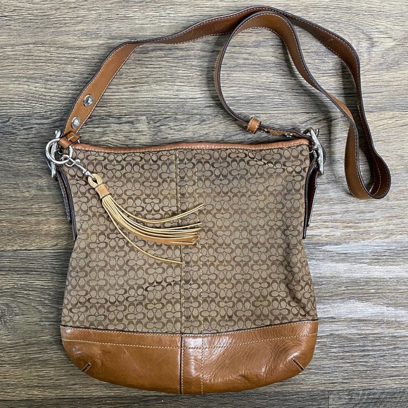 Coach Brown Leather Trimmed Small Logo Print Crossbody Purse Bag - Picture 1 of 9